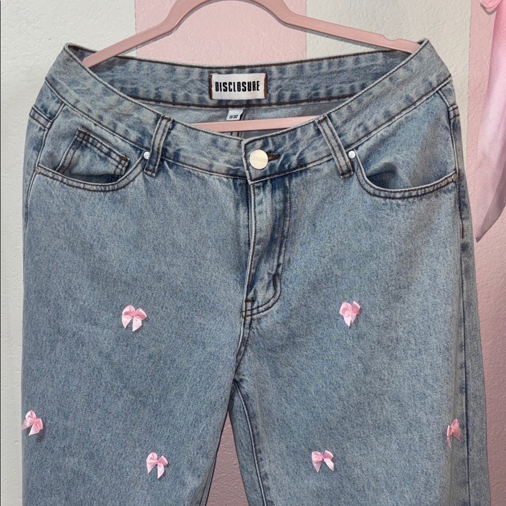 Coquette High Rise Blue Jeans with Pink Bow Accents